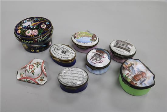 A collection of 19th century and later enamel snuff and patch boxes, 	